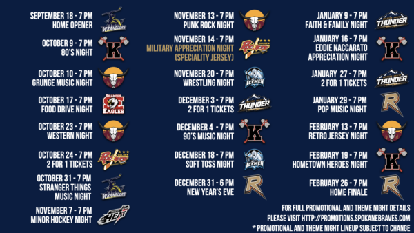 Spokane Braves 2026/2027 Promo/Theme Night Schedule