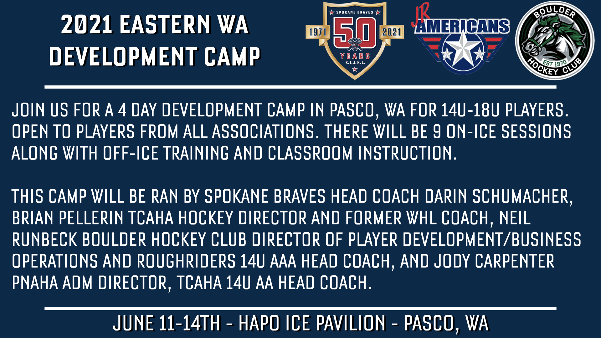 Eastern Washington Development Camp June 11-14, Pasco, WA